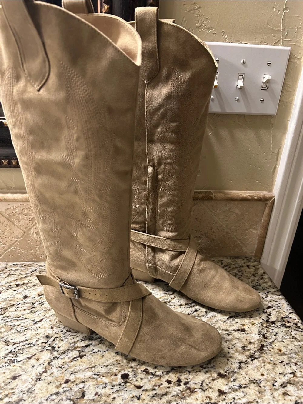 Jouncing’s Prescott Suede Sole Western Dance Boots in Beige with Buckle Detail